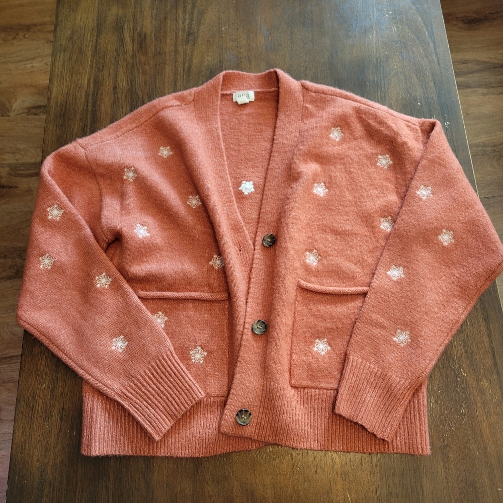 A.N.A Rust Floral Button Front Cardigan Sweater Womens Medium Fall Cozy Top